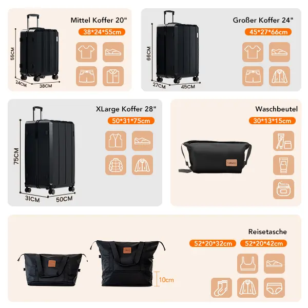 VALLSERO Luggage Sets 5 Piece TSA Lock PC ABS Hardside Suitcase With 4 Universal Wheels Carry On 20 Inch 24 Inch 28 Inch 12L Travel Bag 4.5L Washing Bag - Image 3