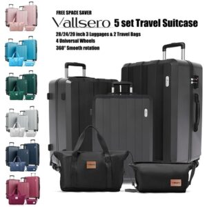 VALLSERO Luggage Sets 5 Piece TSA Lock PC ABS Hardside Suitcase With 4 Universal Wheels Carry On 20 Inch 24 Inch 28 Inch 12L Travel Bag 4.5L Washing Bag