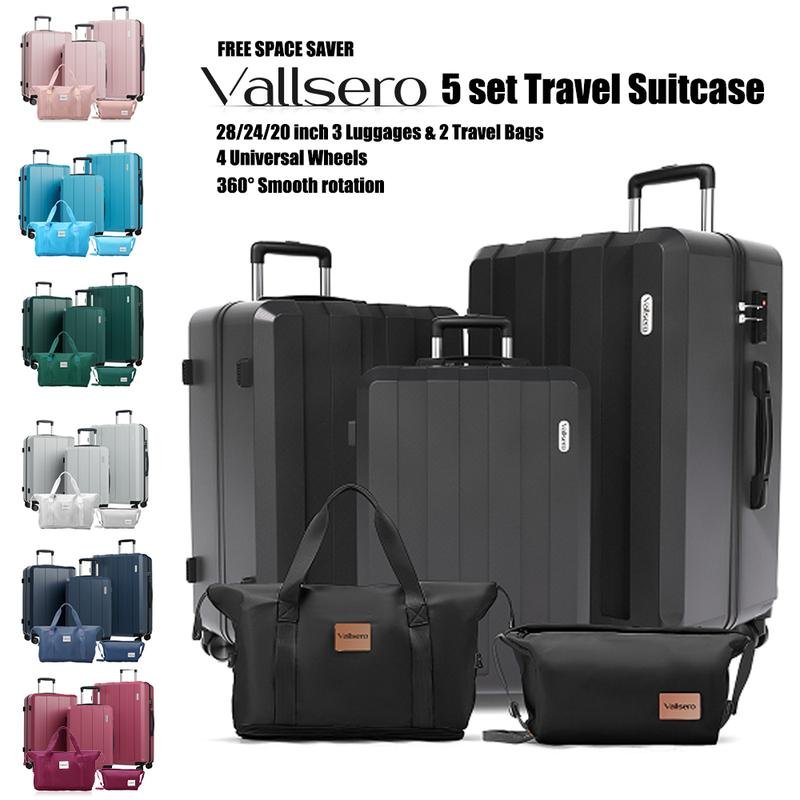 VALLSERO Luggage Sets 5 Piece TSA Lock PC ABS Hardside Suitcase With 4 Universal Wheels Carry On 20 Inch 24 Inch 28 Inch 12L Travel Bag 4.5L Washing Bag